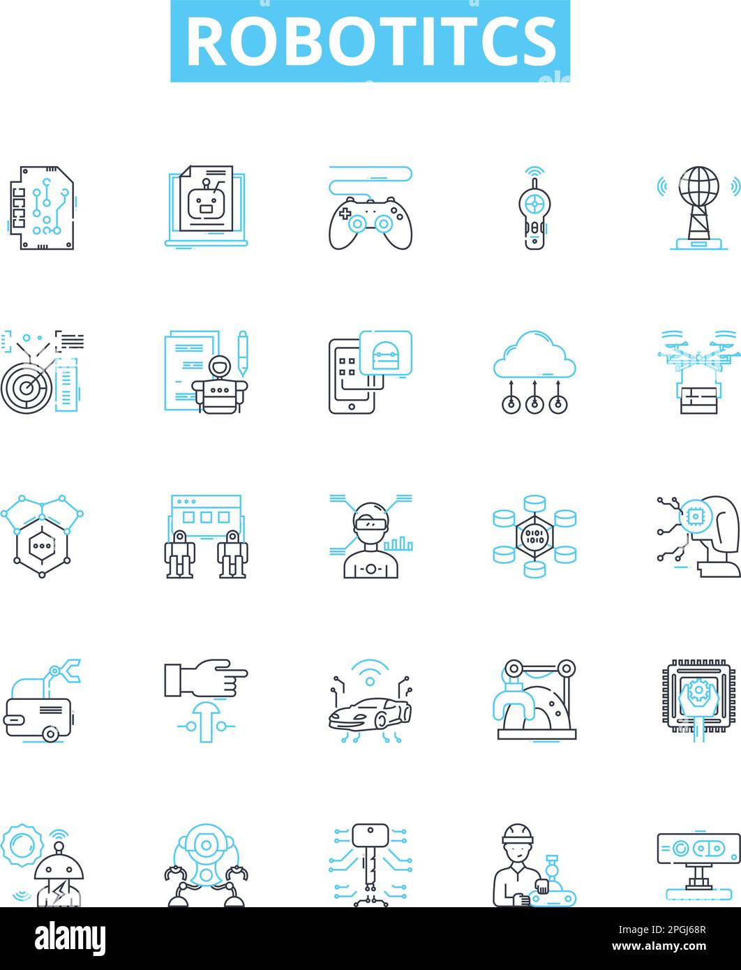 Robotitcs vector line icons set. Robotics, Automation, AI, Programmable, Machines, Autonomous, Networks illustration outline concept symbols and signs Stock Vector