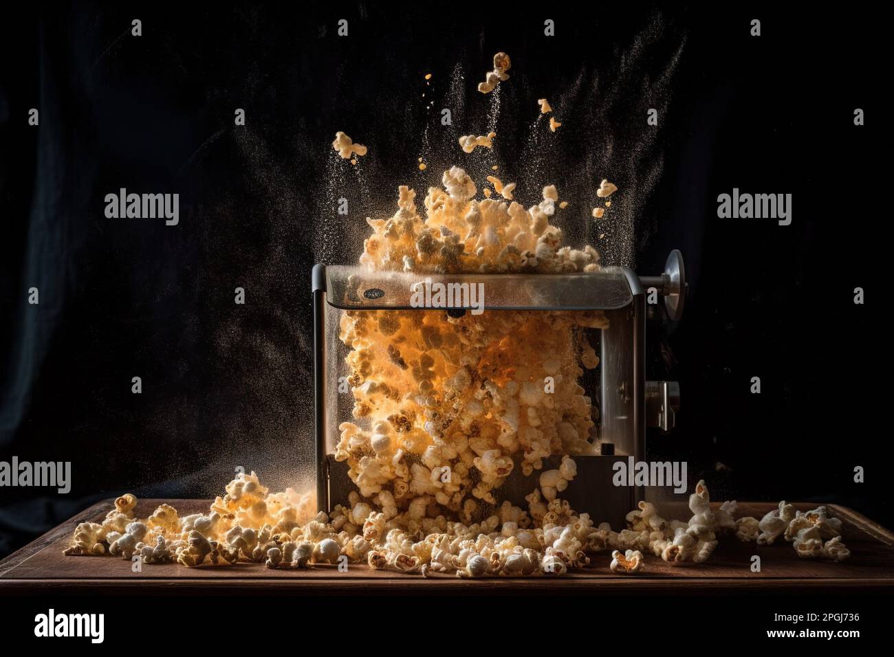 a Burst of popcorn kernels exploding out of a popcorn machine