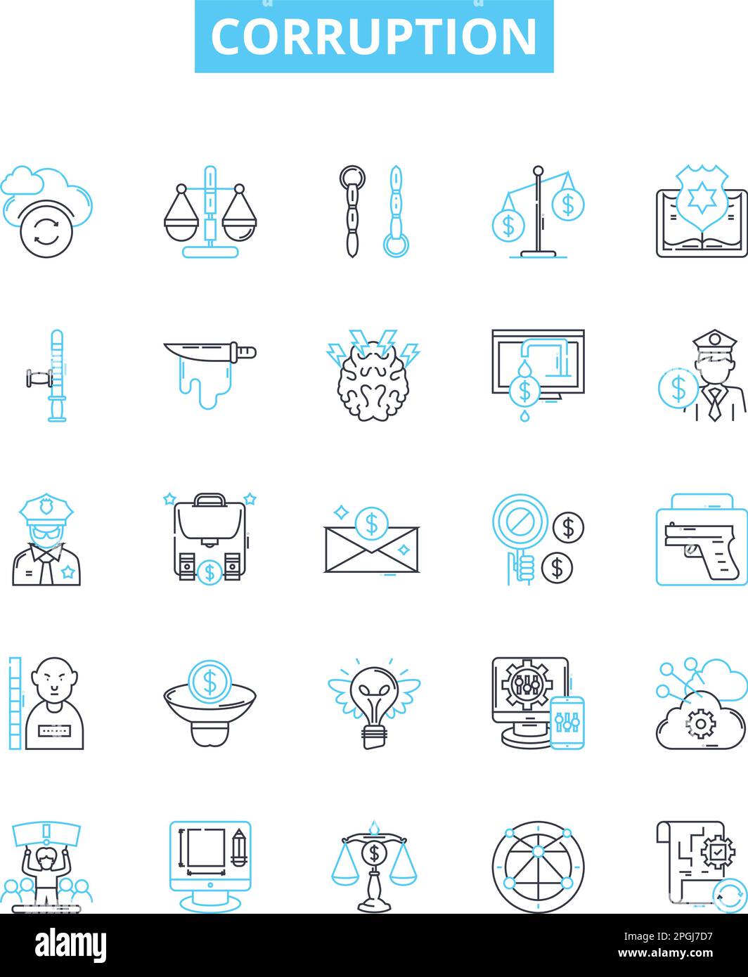 Corruption vector line icons set. Corrupt, Bribery, Misappropriation, Fraud, Graft, Misuse, Misrule illustration outline concept symbols and signs Stock Vector