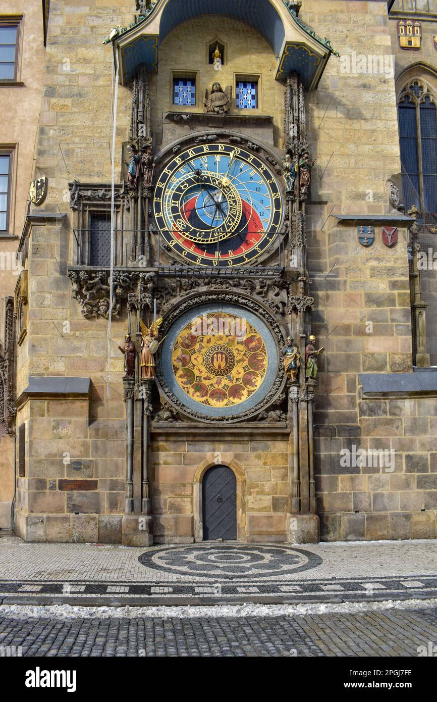 The Old Town Hall Tower with the Horologe, the medieval astronomic clock, Prague, Czech Republic. European Travel. Stock Photo