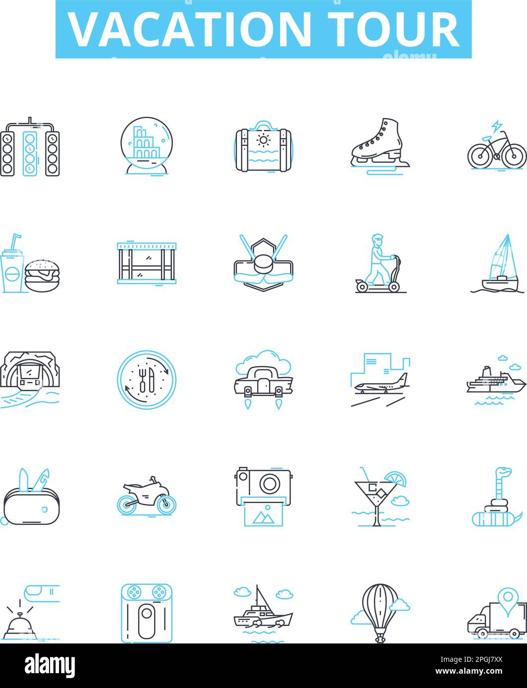 Vacation tour vector line icons set. Trip, Tour, Travel, Holiday, Journey, Excursion, Break illustration outline concept symbols and signs Stock Vector