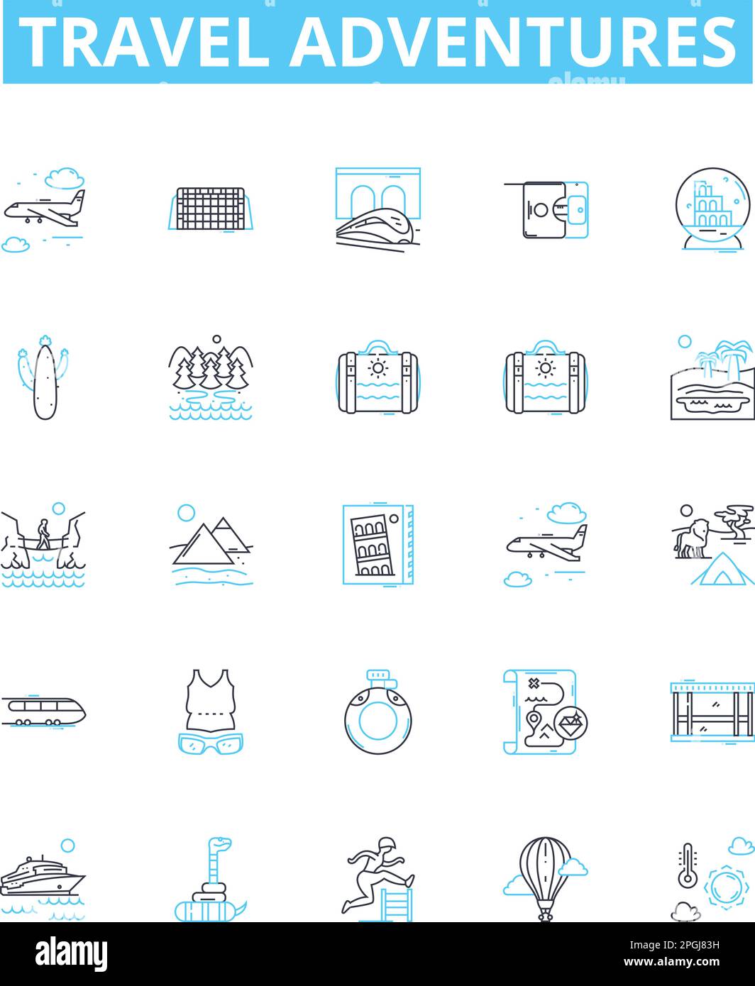 Travel adventures vector line icons set. Travel, Adventures, Exploring, Touring, Trekking, Cruising, Hiking illustration outline concept symbols and Stock Vector