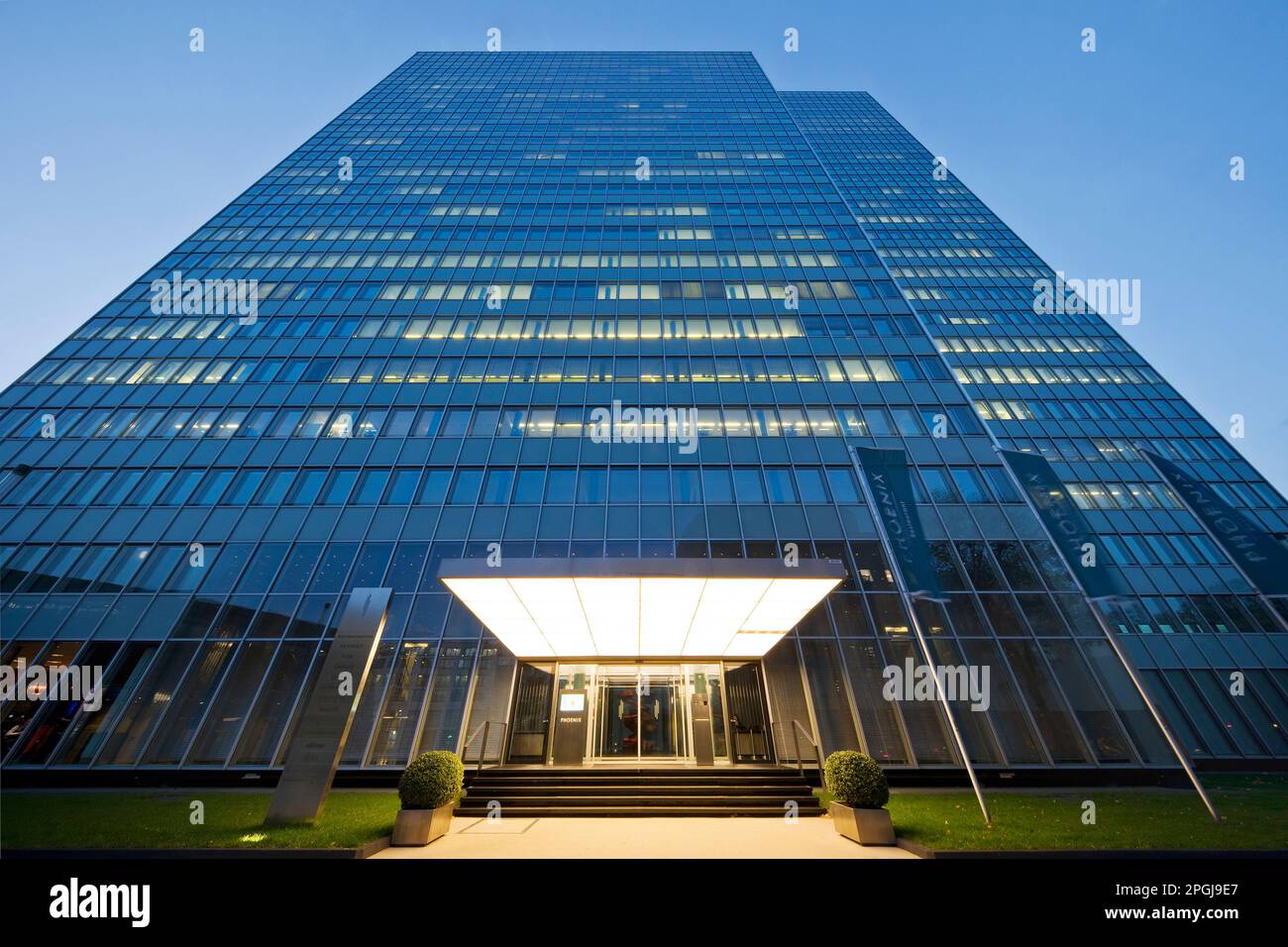 Dreischeibenhaus, office builing in Dusseldorf in the evening, worm-eye view, Germany, North Rhine-Westphalia, Lower Rhine, Dusseldorf Stock Photo