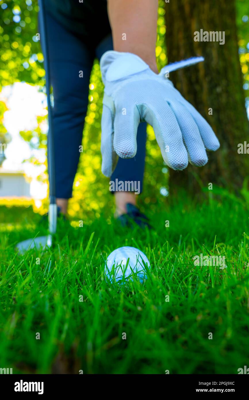 Golf Ball Lying on the Rough Grass and Golfer with Golf Glove Picking Up the Golf Ball in the Grass in a Sunny Day in Switzerland. Stock Photo