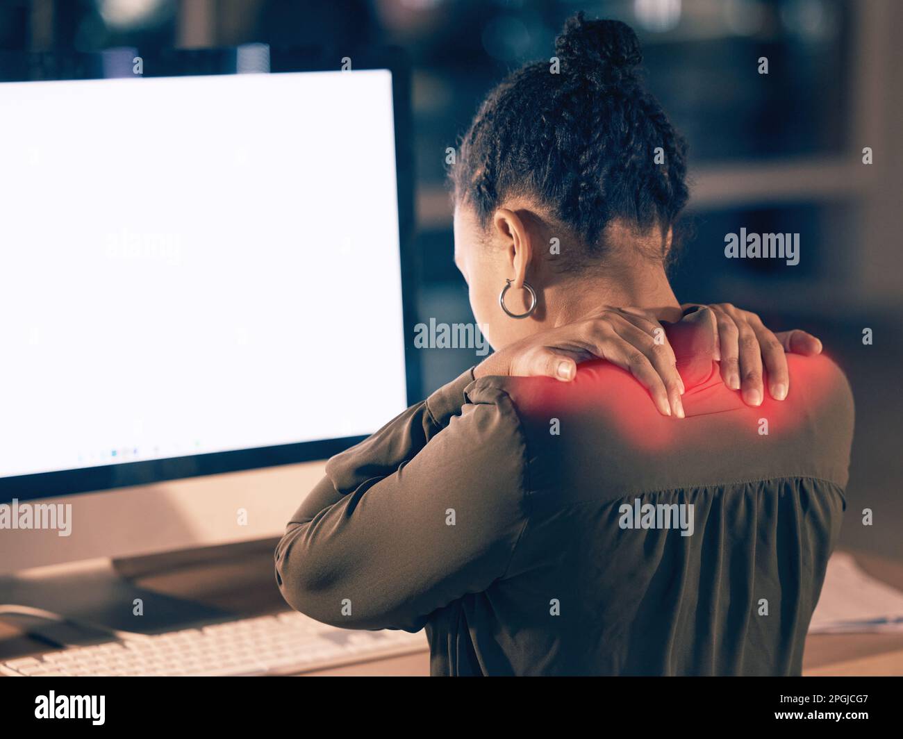 Woman, back pain and computer mockup screen in stress, burnout or