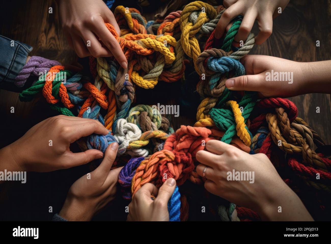 Many peoples hands working together to untangle a knotted rope. Business teamwork. Generative ai Stock Photo