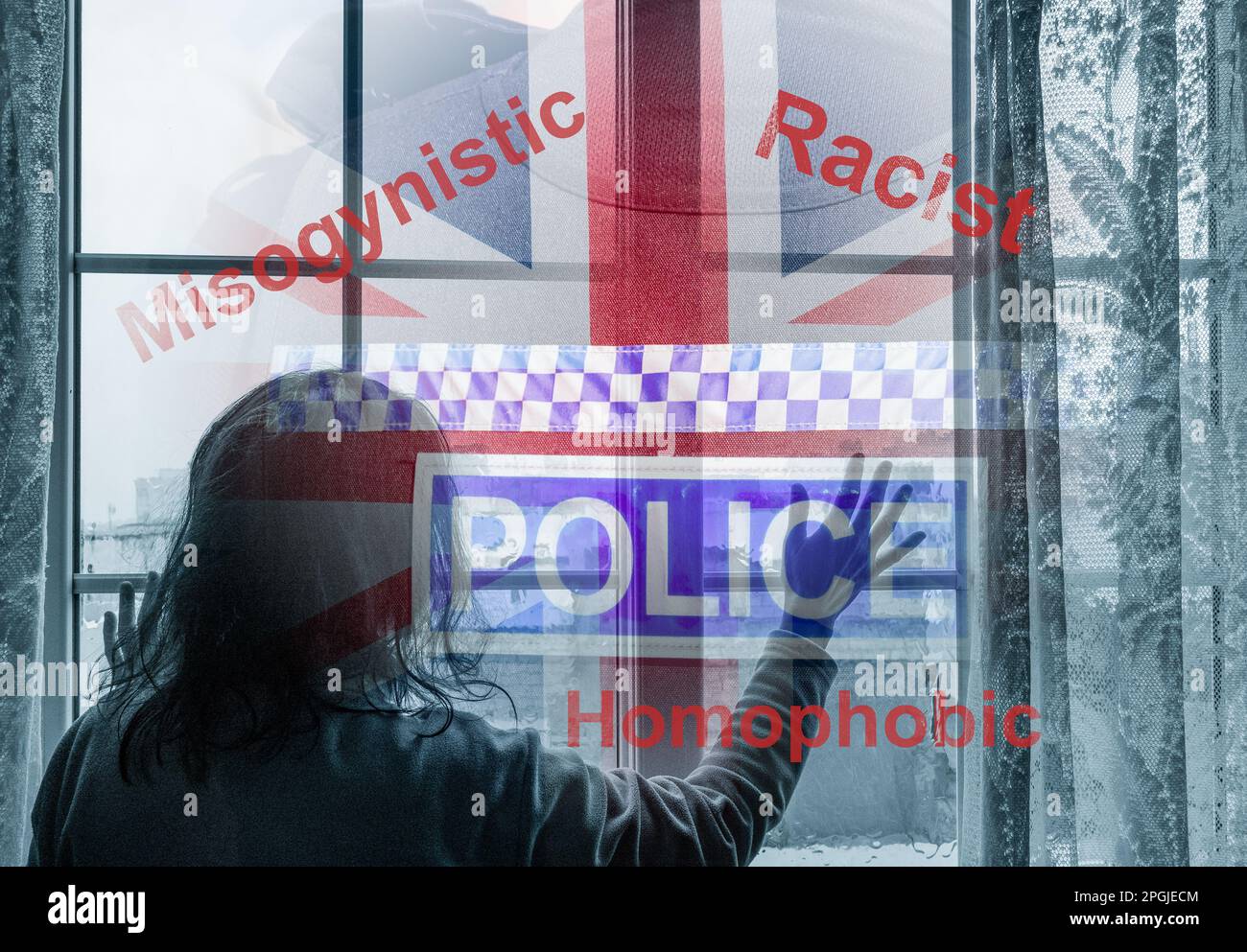 Woman with hand on window with police officer and UK flag overlaid. Trust in police, misogyny, Louise Casey report, Met police, policing UK...concept Stock Photo