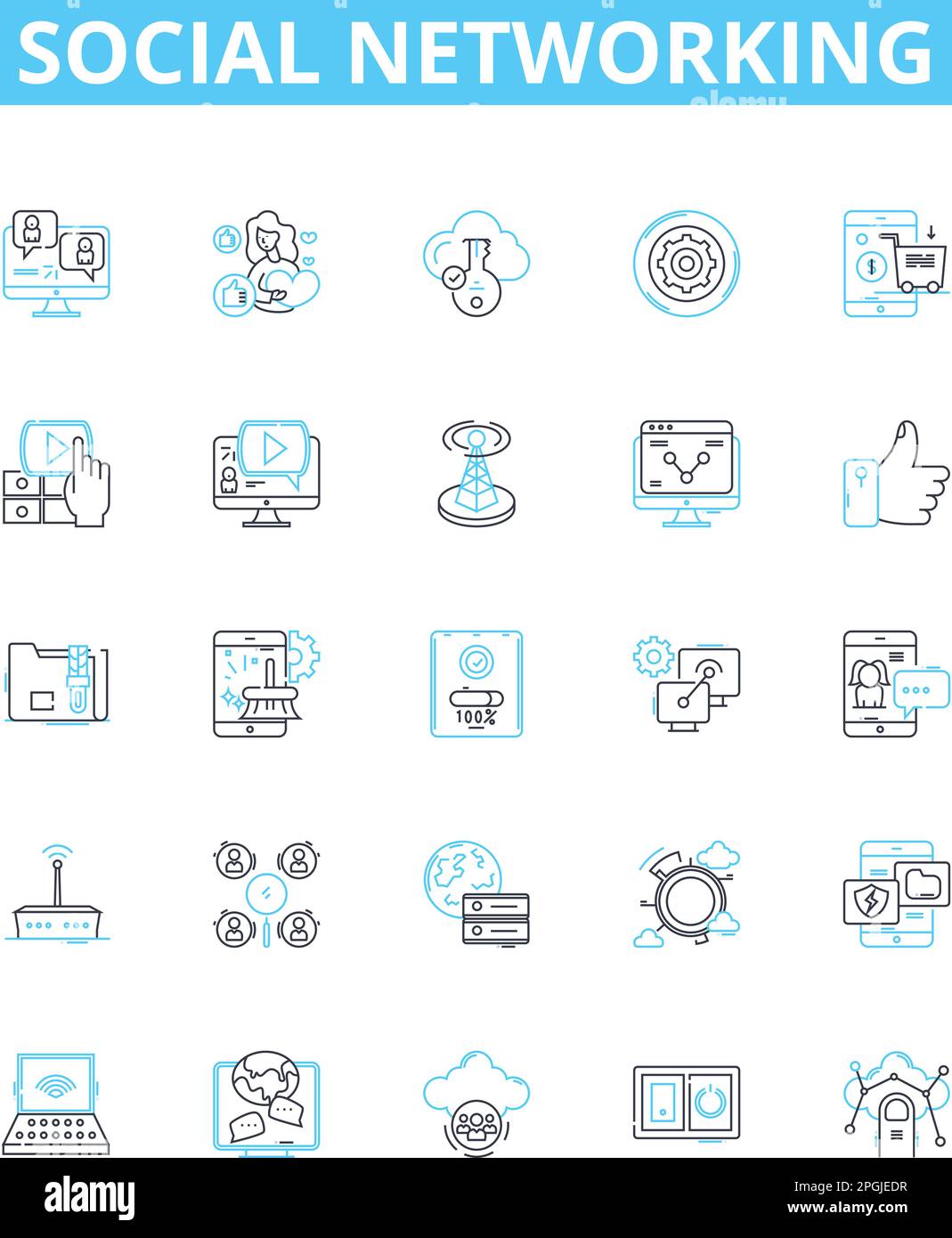 Social networking vector line icons set. Social, networking, networking, sites, media, profiles, interaction illustration outline concept symbols and Stock Vector