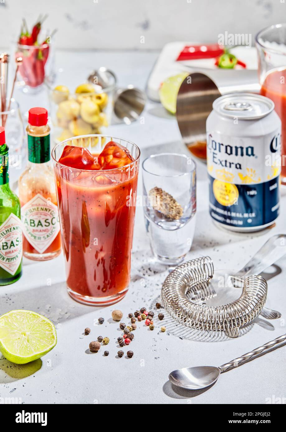 LONDON, UK MARCH 12, 2023 Corona beer with bloody mary cocktail and