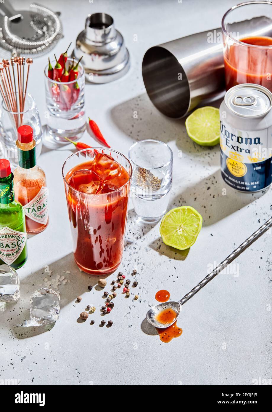 LONDON, UK MARCH 12, 2023 Bloody mary cocktail with corona mexican
