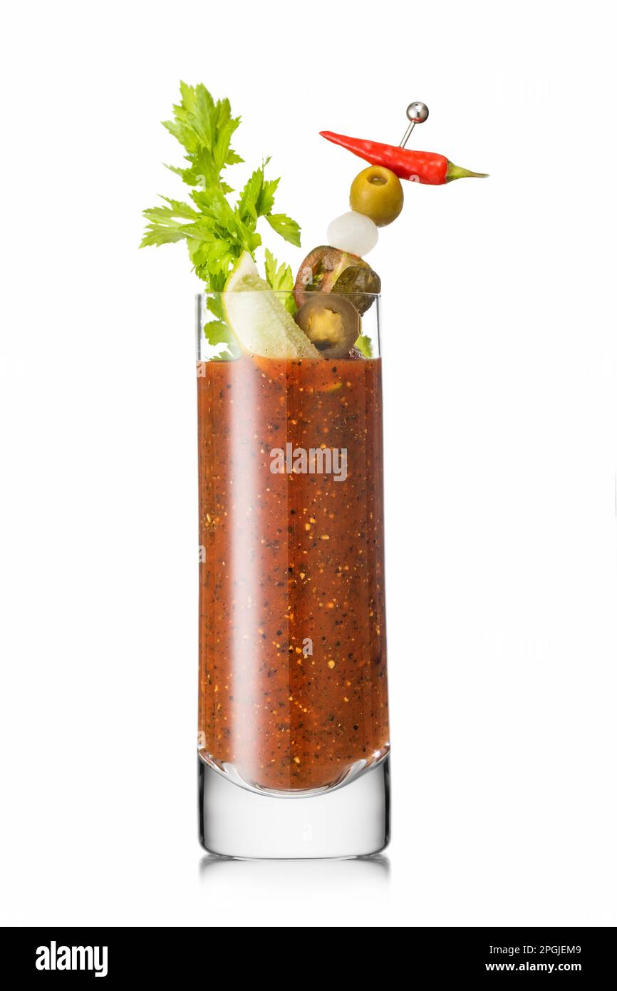 Bloody mary alcoholic cocktail with celery and hot pepper in tall glass