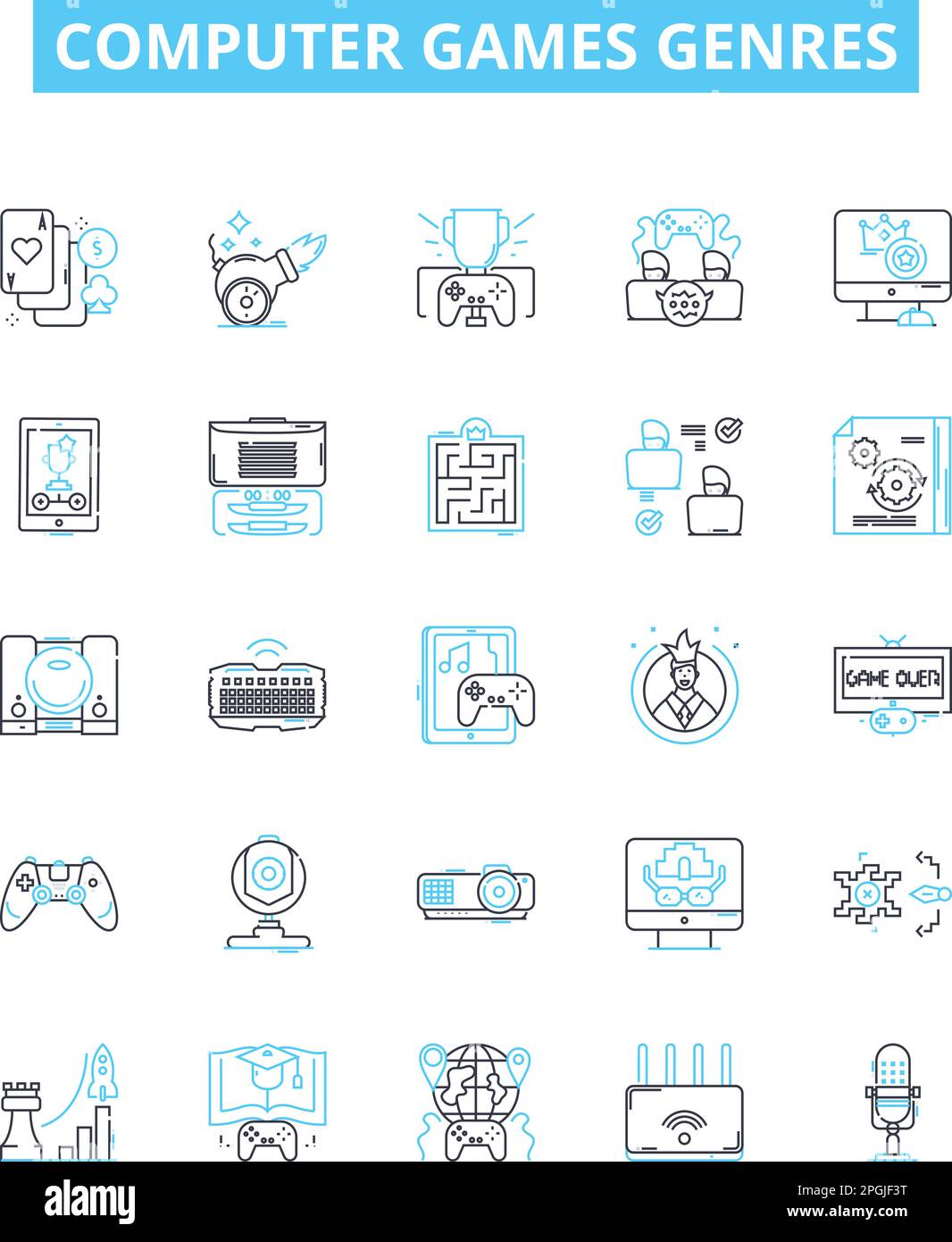 Computer games genres vector line icons set. Simulation, Shooter, Adventure, Puzzle, Strategy, Platformer, Racing illustration outline concept symbols Stock Vector