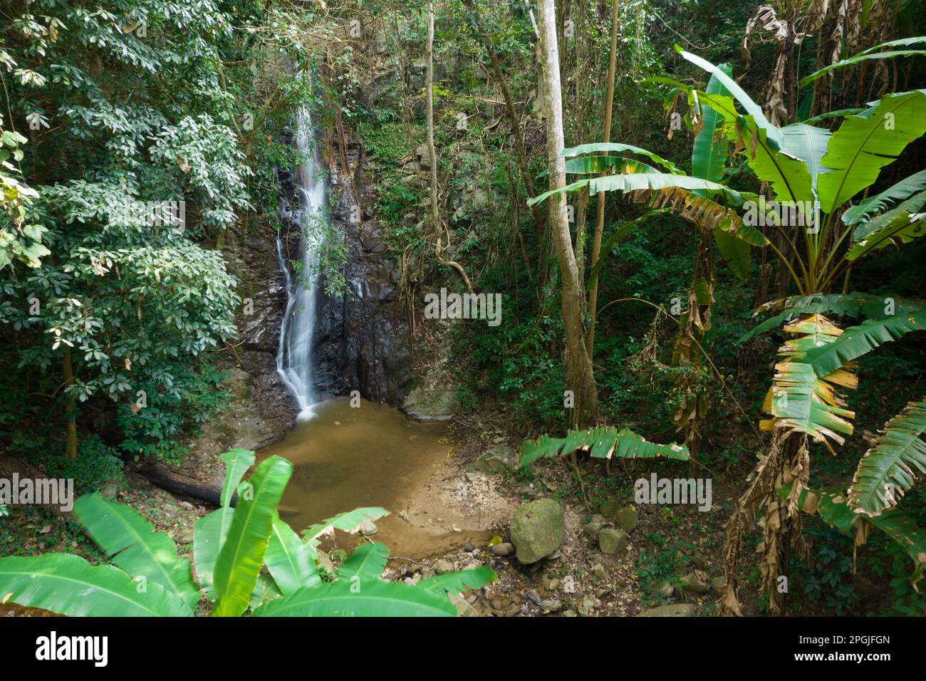 Hidden wild jungle waterfall in the Chiang dao forest, aerial shot. thailand Stock Photo
