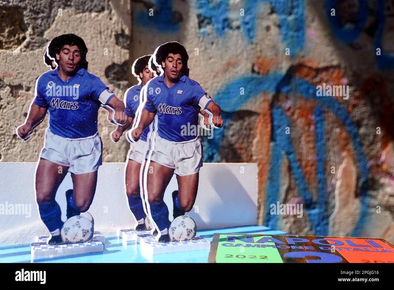 Diego Maradona memorabilia for sale at a stall in Naples, Italy