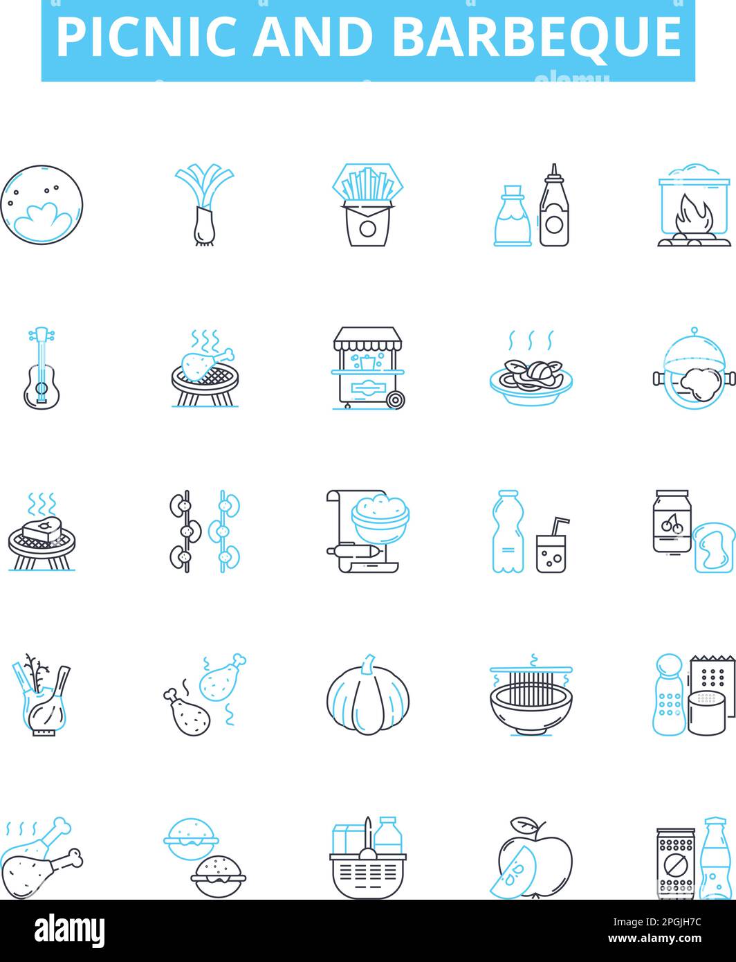 Picnic and barbeque vector line icons set. Picnic, Barbeque, BBQ, Outdoor, Grill, Cookout, Feast illustration outline concept symbols and signs Stock Vector