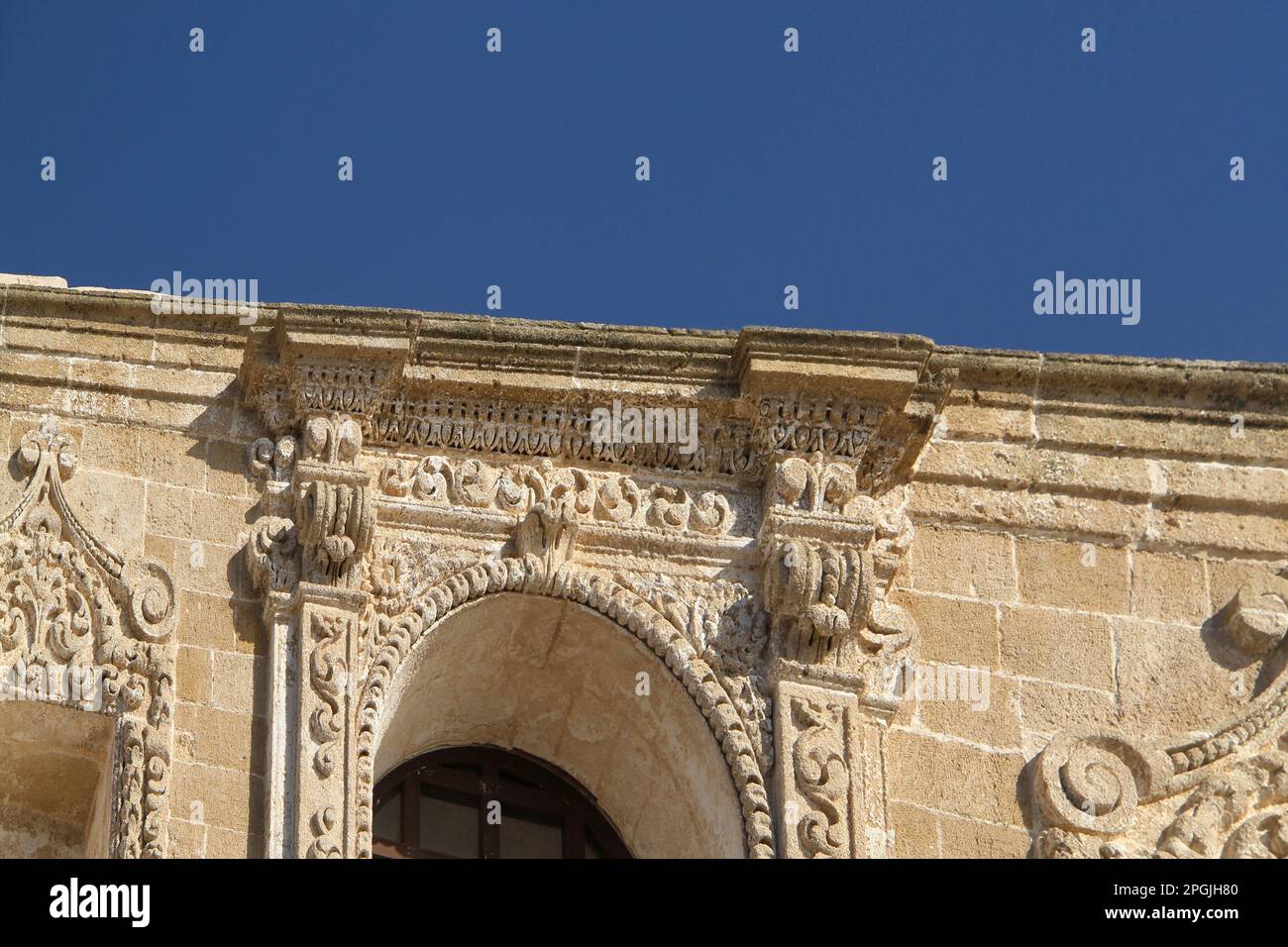Gallipoli, Italy. Beautiful architectural details on the facade of the church of San Domenico al Rosario. Stock Photo