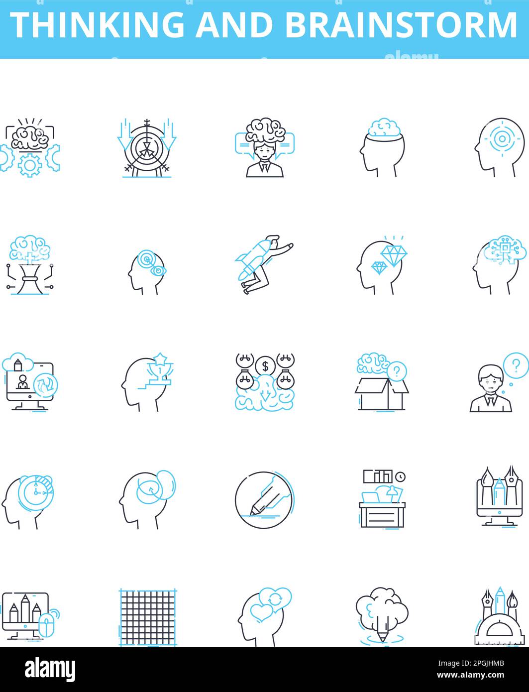 Thinking and brainstorm vector line icons set. Ideation, Brainstorming, Ponder, Conceptualize, Consider, Analyse, Cogitate illustration outline Stock Vector
