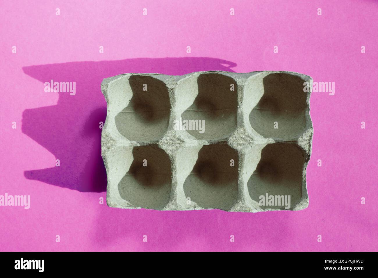 Empty eggs carton box with hard shadows on pink background Stock Photo