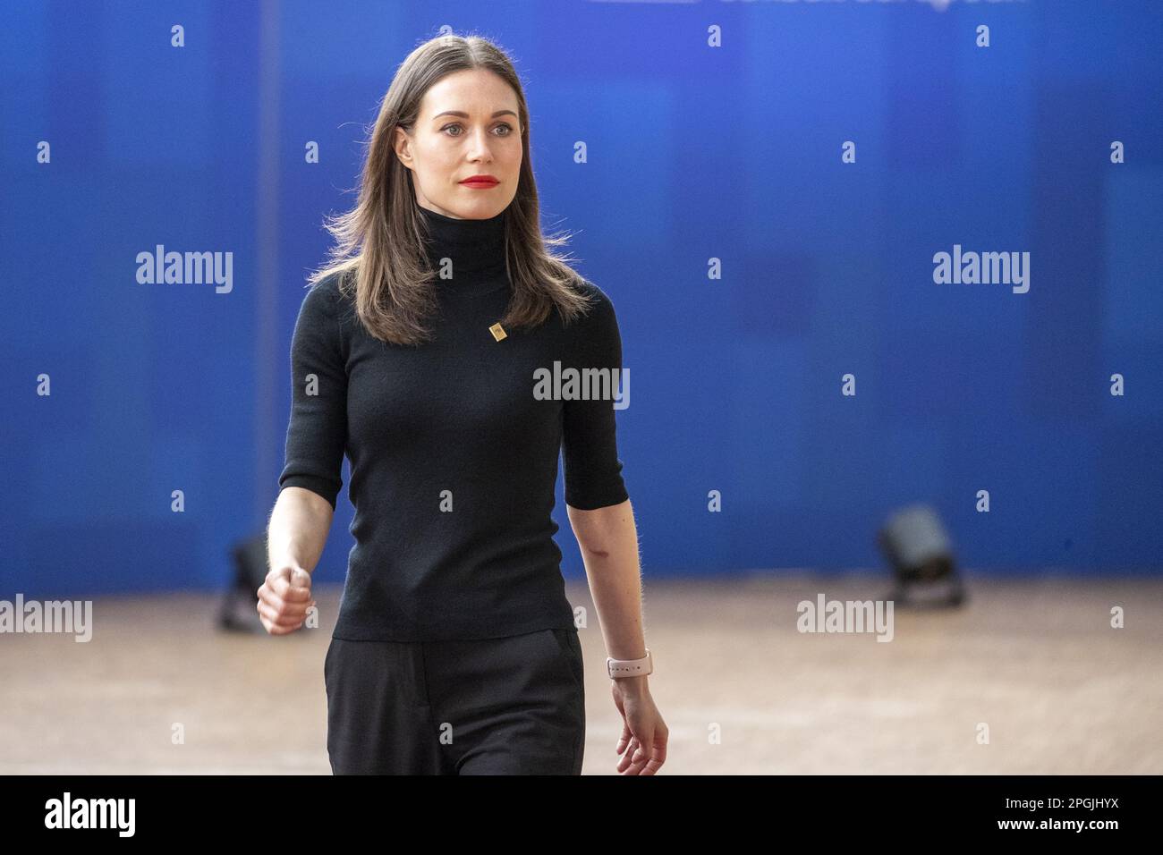 Brussels, Belgium. 23rd Mar, 2023. Finland Prime Minister Sanna Marin pictured at the arrivals ahead of a European council summit, in Brussels, Thursday 23 March 2023. BELGA PHOTO NICOLAS MAETERLINCK Credit: Belga News Agency/Alamy Live News Stock Photo