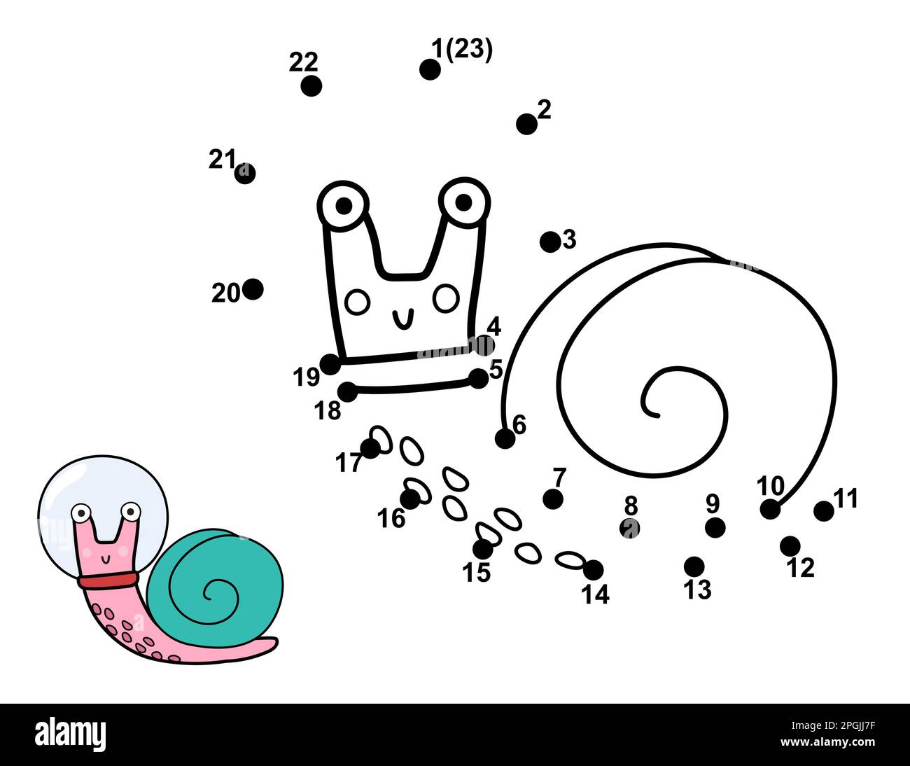 Connect the dots and draw a cute snail astronaut. Space dot to dot