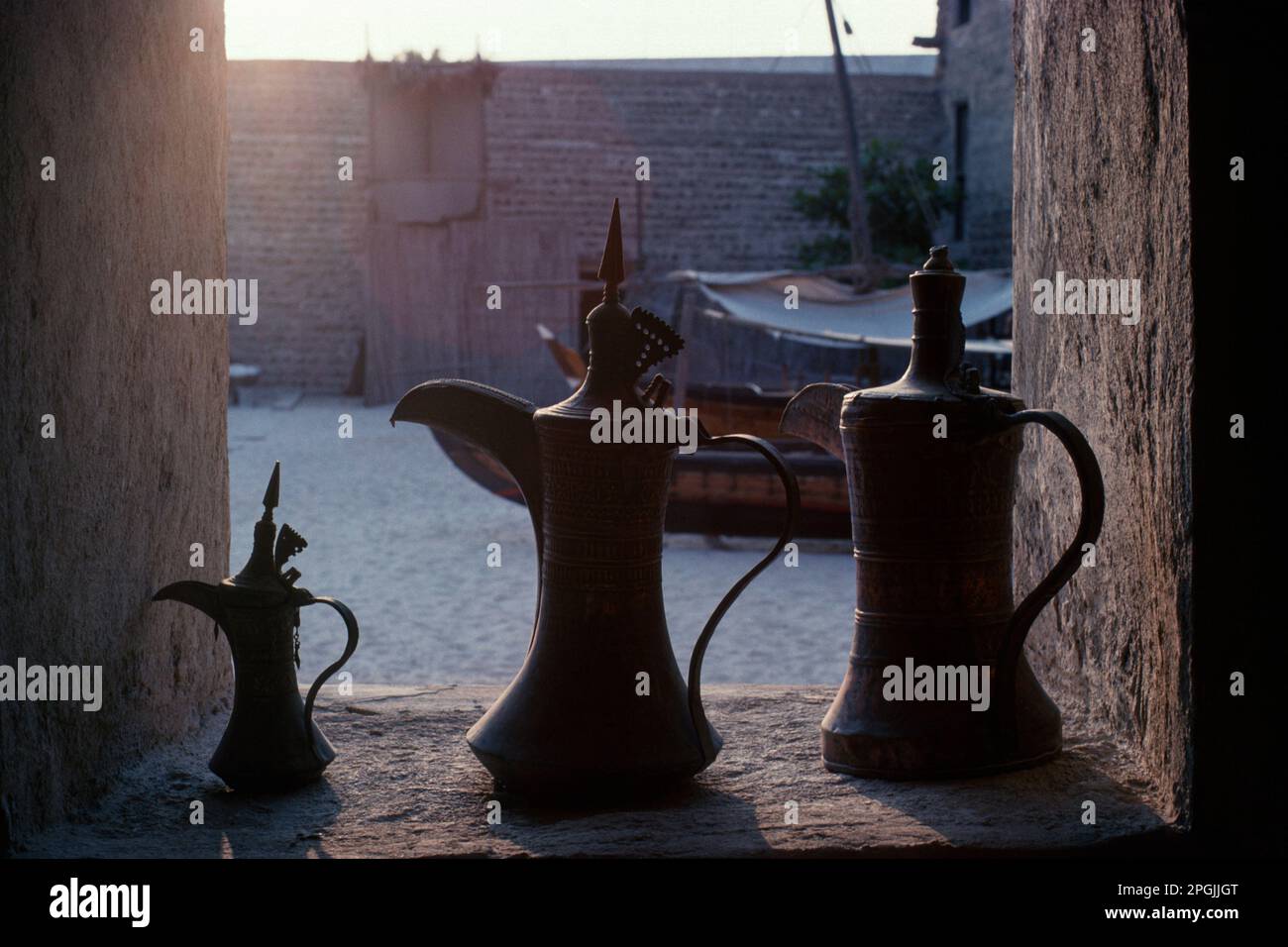 Dubai UAE 1976 Arabic coffee pots on display in Dubai Museum (Al