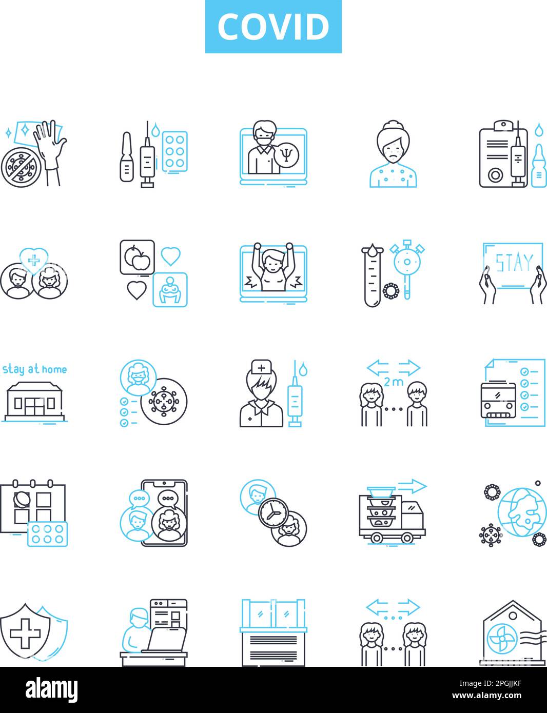 Covid vector line icons set. Covid, Pandemic, Virus, Coronavirus, Lockdown, Infection, Testing illustration outline concept symbols and signs Stock Vector