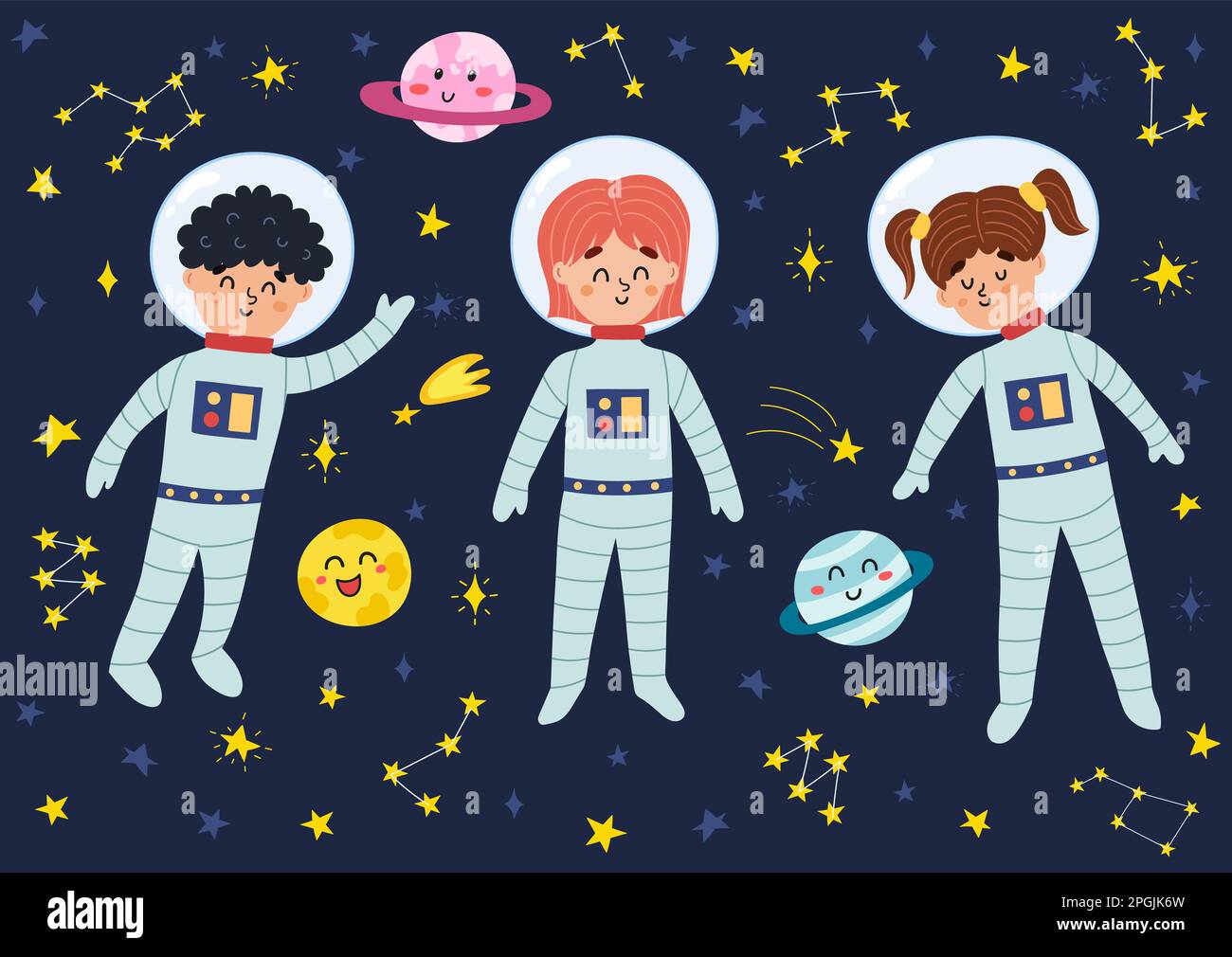 Space kids in suits and helmets. Cute children astronauts and planets collection Stock Vector