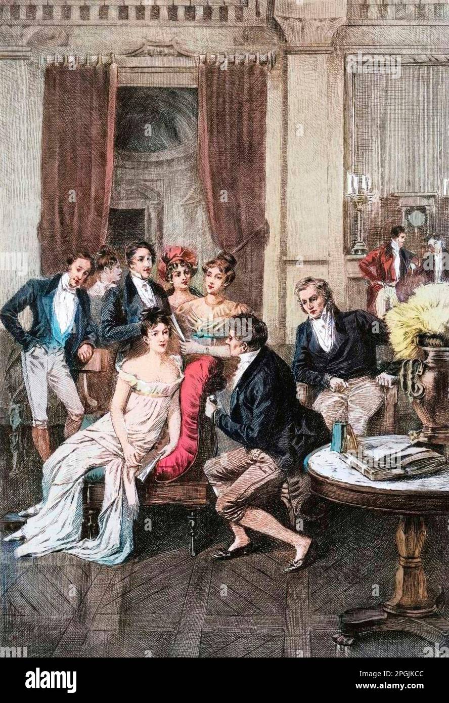 The Salon of Madame de Recamier - Salon litteraire : 'Autour de madame Recamier' Madame Juliette Recamier (1777-1849) entouree par les personnalites litteraires et politiques : Charles Nodier (1780-1844), Francois Rene vicomte de Chateaubriand (1768-1848), Sophie Gay (1776-1852), Benjamin Constant (1767-1830), Madame Ancelot (1792-1875), Germaine Necker, baronne de Stael-Holstein dite Madame de Stael (1766-1817), Andre Marie Ampere (1775-1836). 19eme siecle Stock Photo