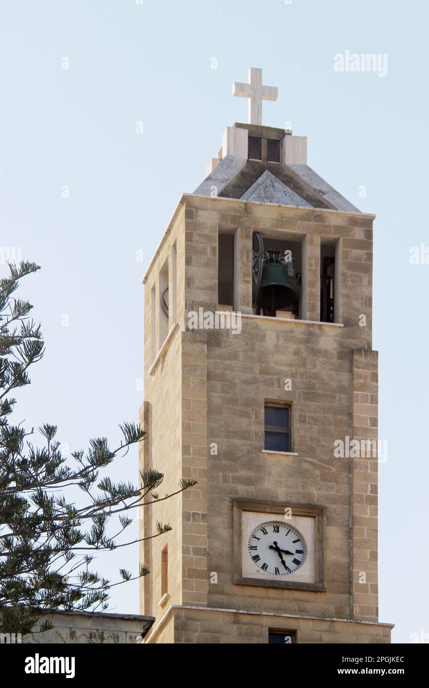 Gallipoli, Italy. The bell tower of The Church of the Sacred Heart of Jesus (Chiesa del Sacro Cuore di Gesù, b. 1929). Stock Photo