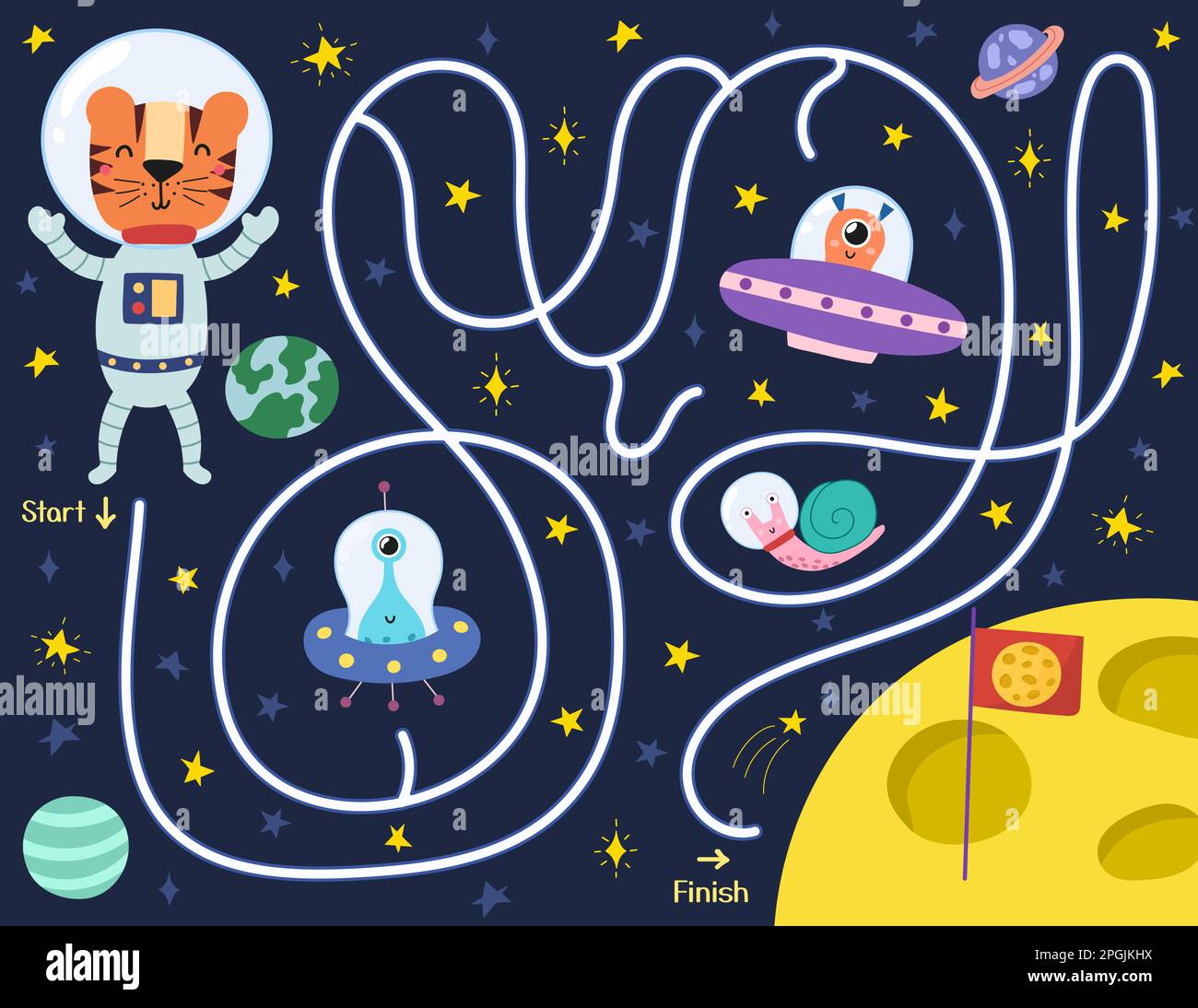 Help a cute tiger find a way to the Moon. Space maze puzzle for kids Stock Vector