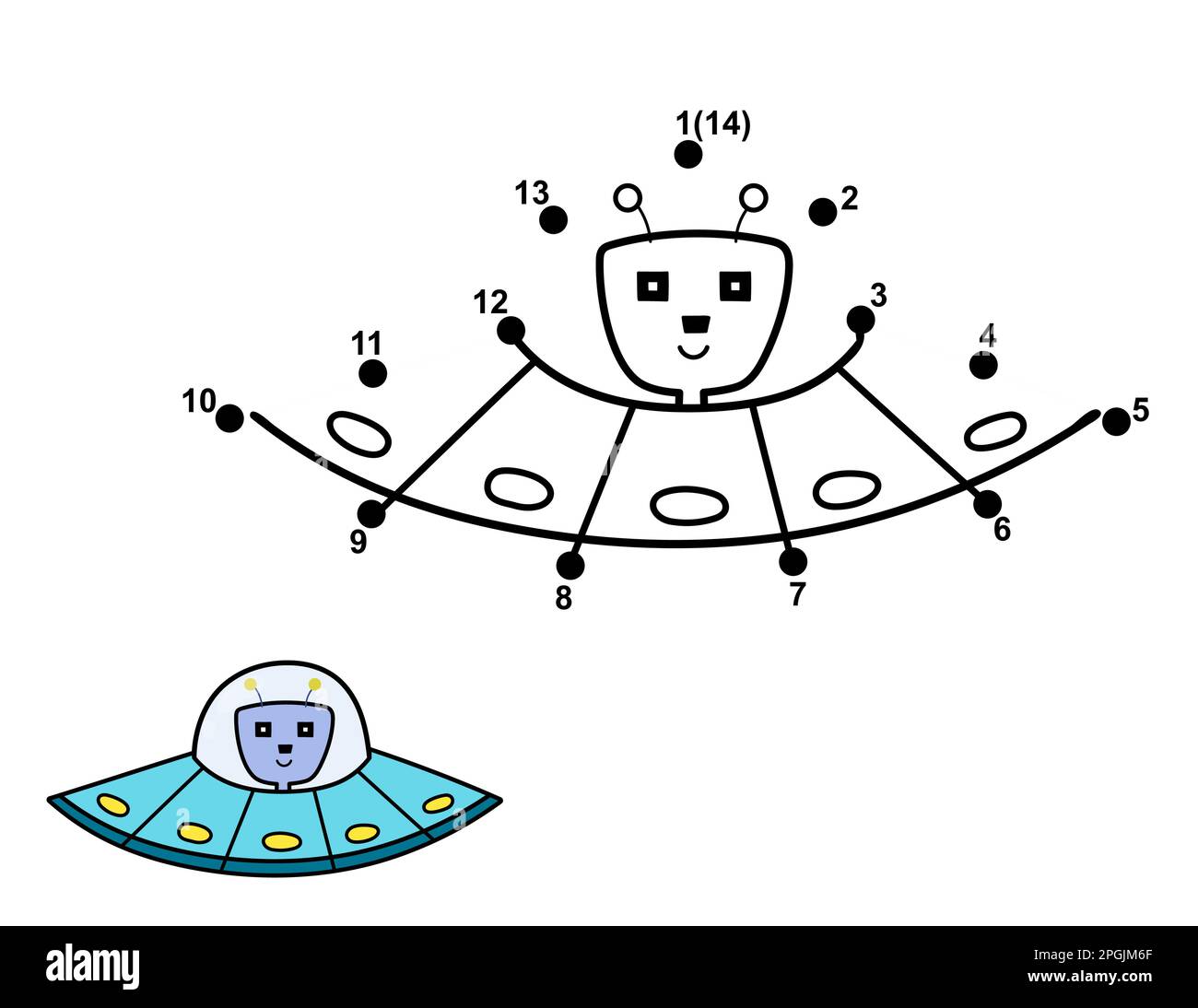 Connect the dots and draw a cute alien in flying saucer. Space dot to