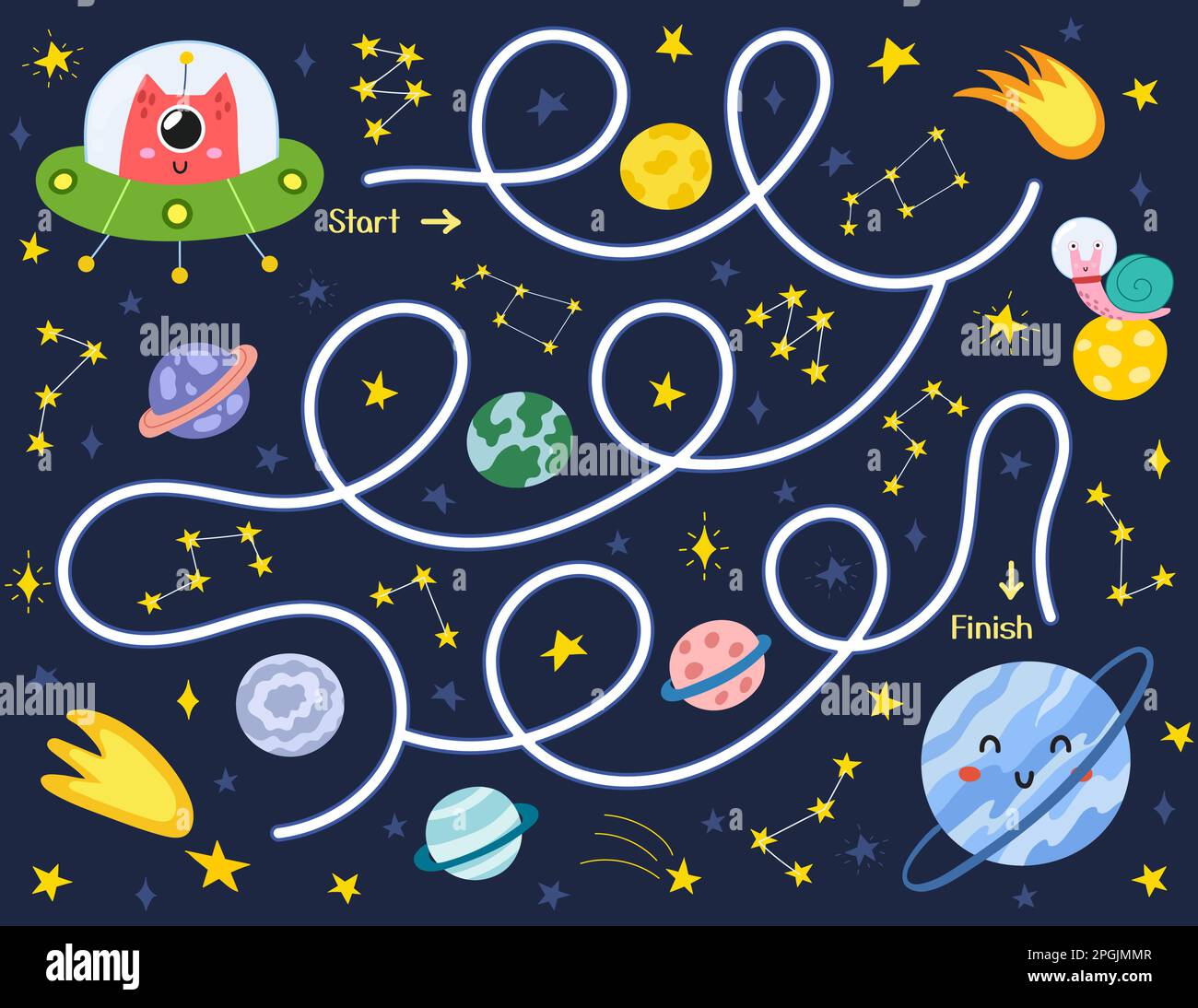 Space maze puzzle for kids. Help a cute alien in a flying saucer find way to the planet Stock Vector