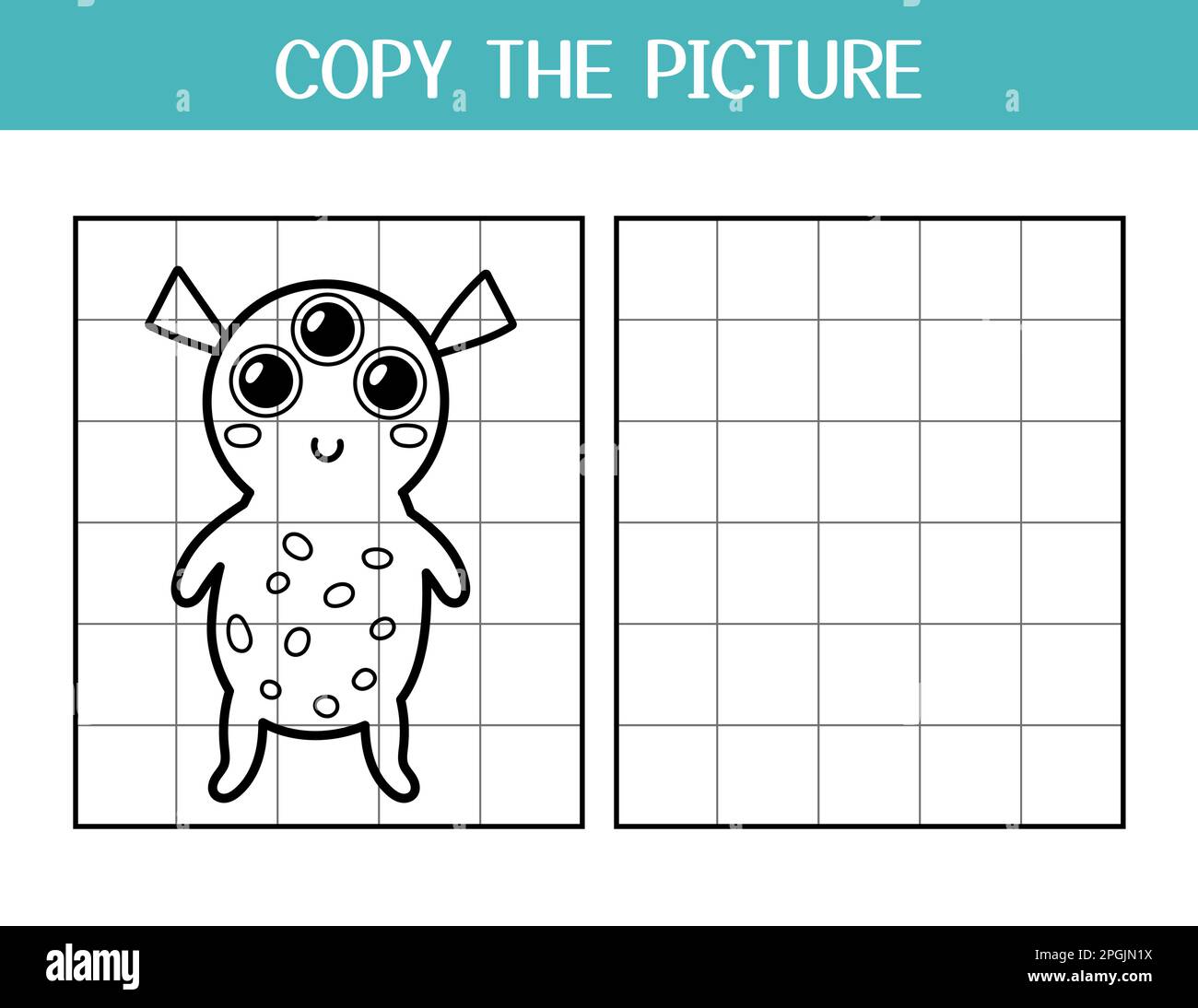 Copy the picture activity page for kids. Draw and color a cute alien