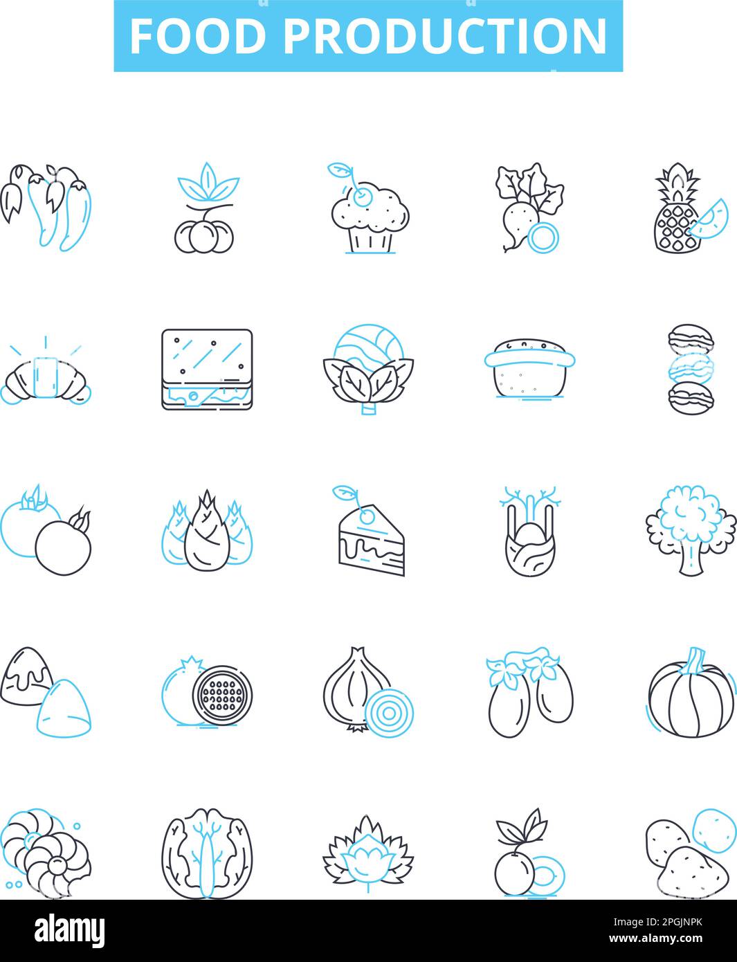 Food production vector line icons set. Farming, Agriculture, Processed, Production, Packaging, Quality, Culinary illustration outline concept symbols Stock Vector