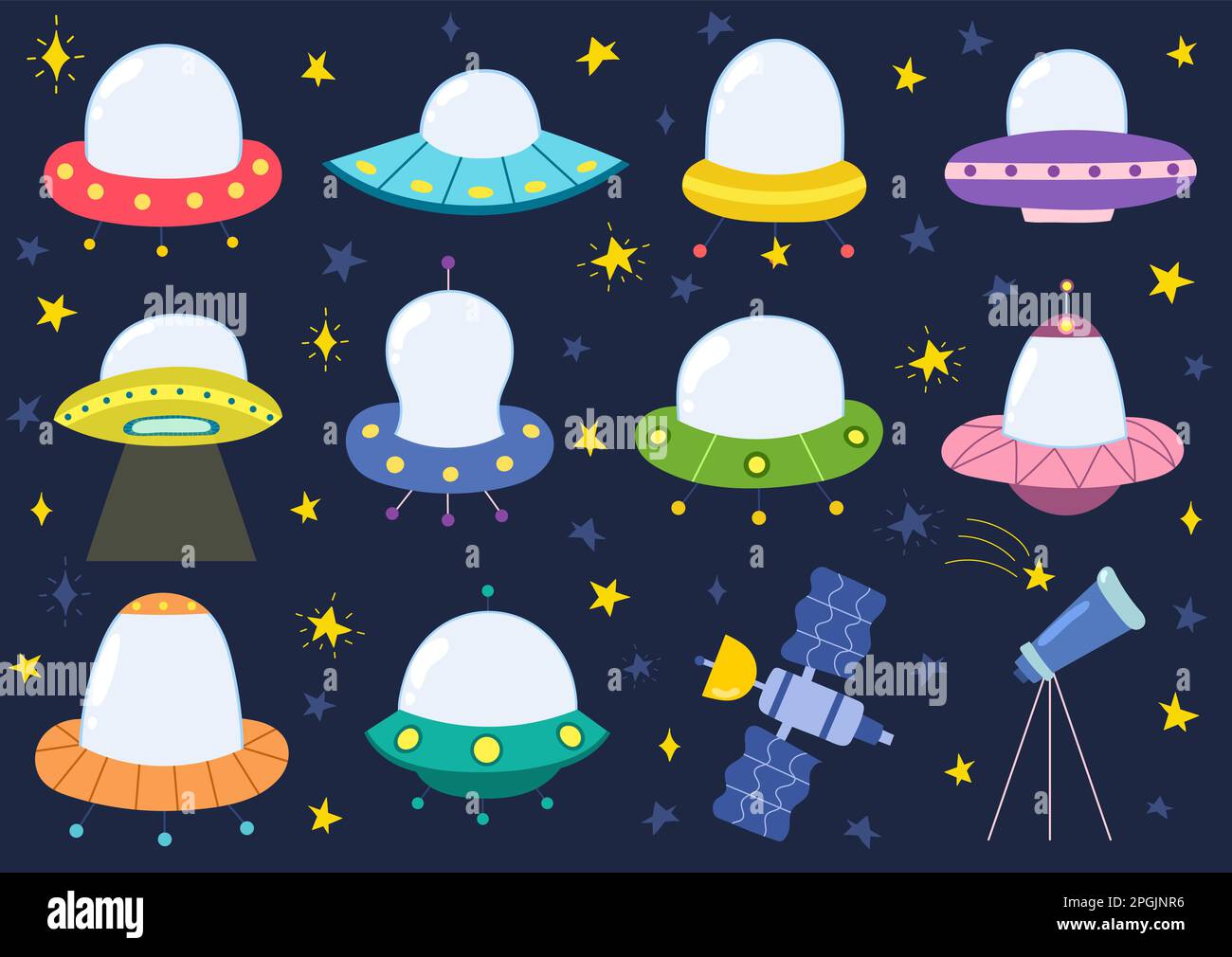 Alien spaceships collection. Ufo ships isolated elements set Stock Vector