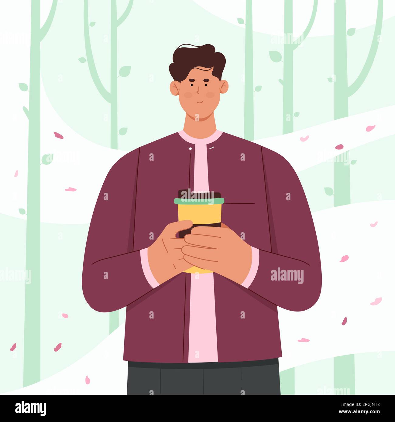 Man drinking coffee in spring park vector illustration. Cartoon happy cute male character standing with coffee cup among trees and flying cherry flowers petals to enjoy drink and beauty of weather Stock Vector