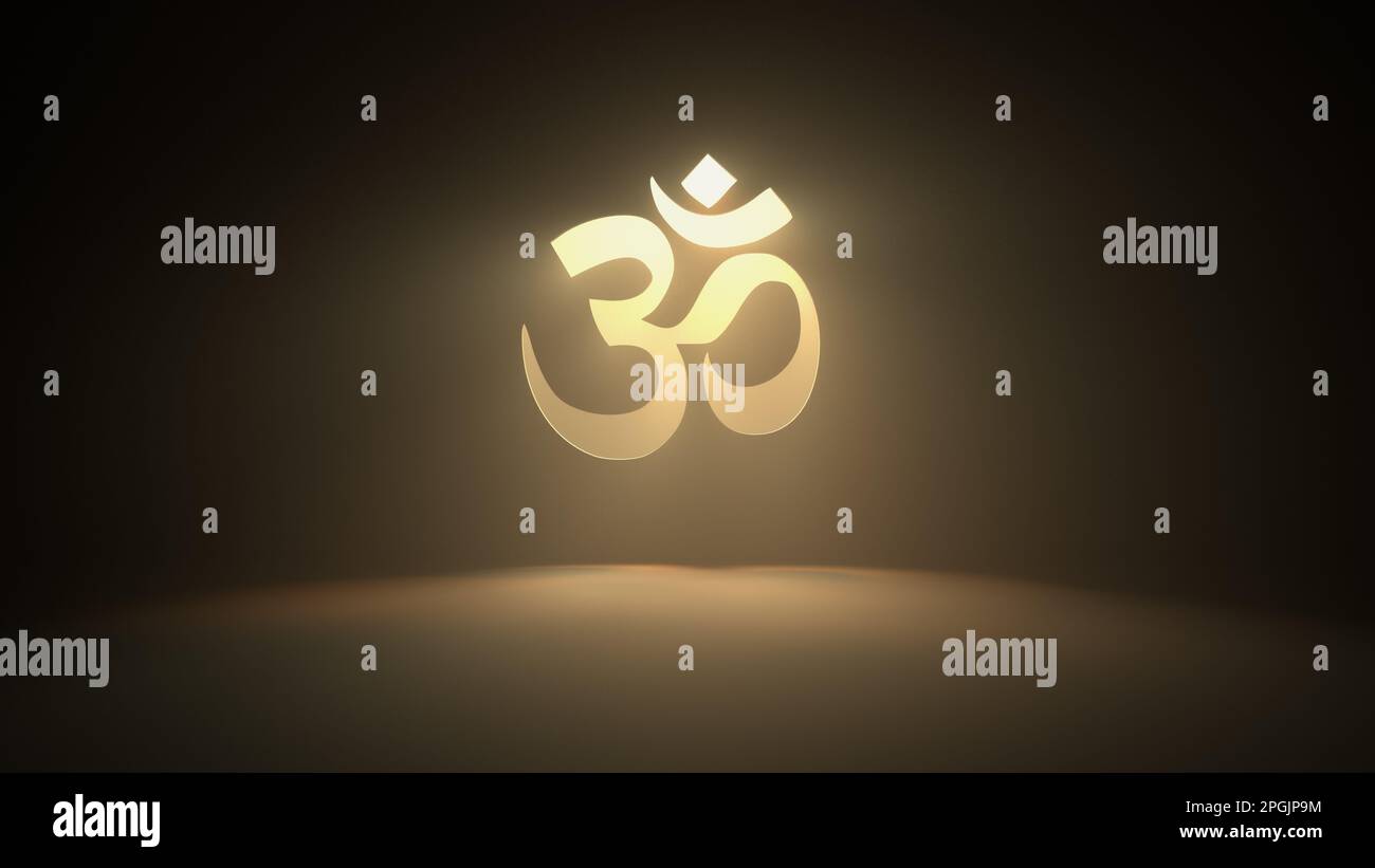 Shining symbol of Hinduism on the wall with warm yellow rays of light 3D render Stock Photo