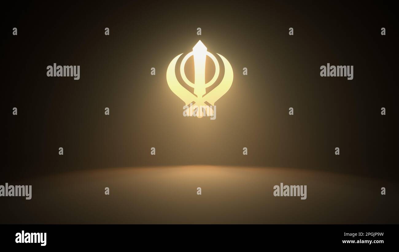 Shining Khanda symbol of Sikhisme on the wall with warm yellow rays of