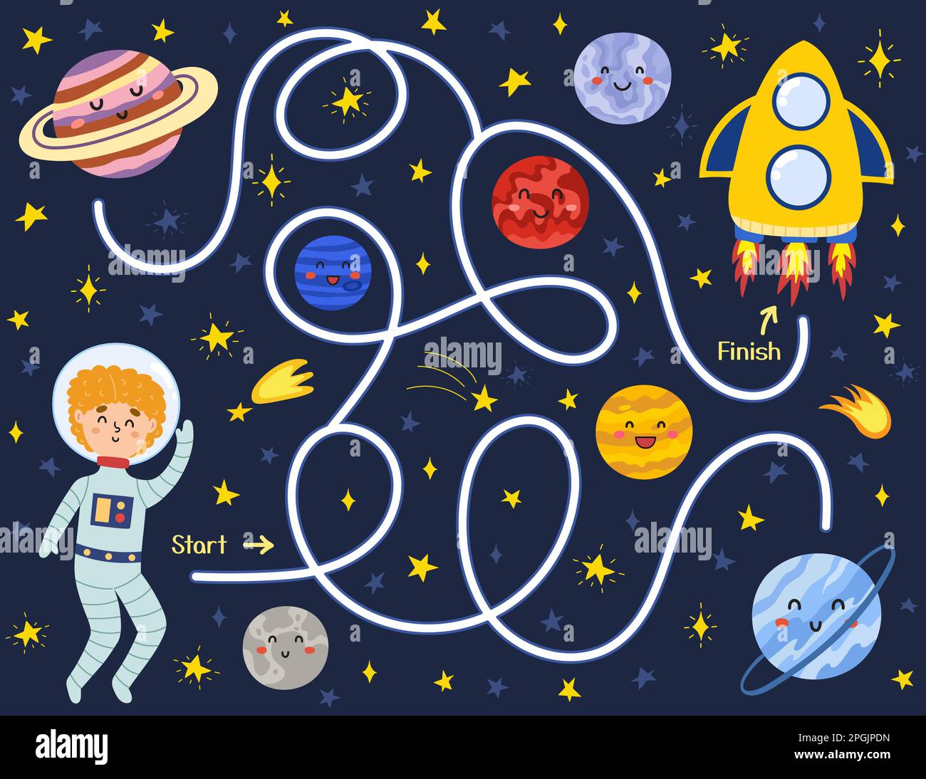 Space maze puzzle for kids. Help a cute boy astronaut find way to the rocket Stock Vector