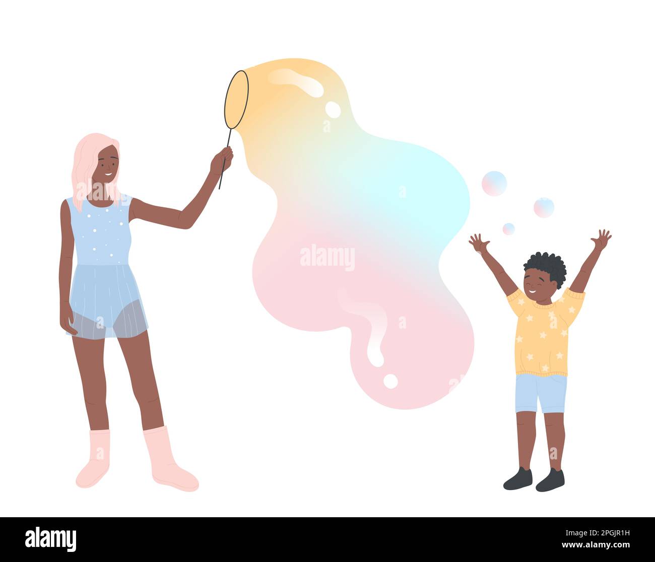 Mother and son boy play and blow soap bubble giant balloons on foam party isolated cartoon flat