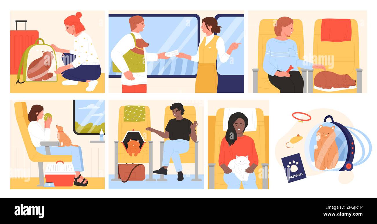 Passengers travel with pets by plane set vector illustration. Cartoon scenes inside airplane with pet owners sitting on seats with cat or dog, bags for relocation or carriers for animal under chairs Stock Vector