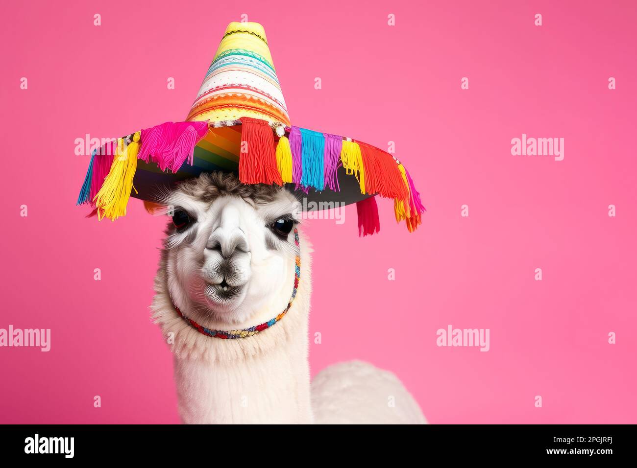 A portrait of a Llama wearing a colourful traditional hat. Generative ai Stock Photo