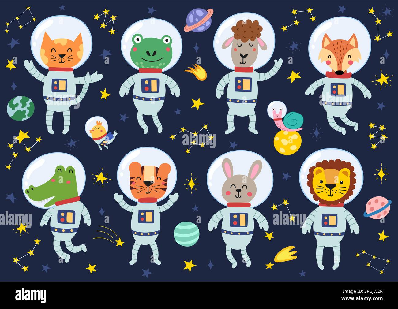 Space animals collection. Cute astronauts in space suits set Stock Vector