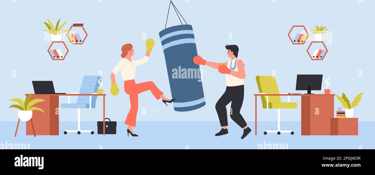 Employees boxing in office interior vector illustration. Cartoon man and woman fighters in gloves hitting punching bag at corporate training, angry fight and challenge of two crazy characters Stock Vector