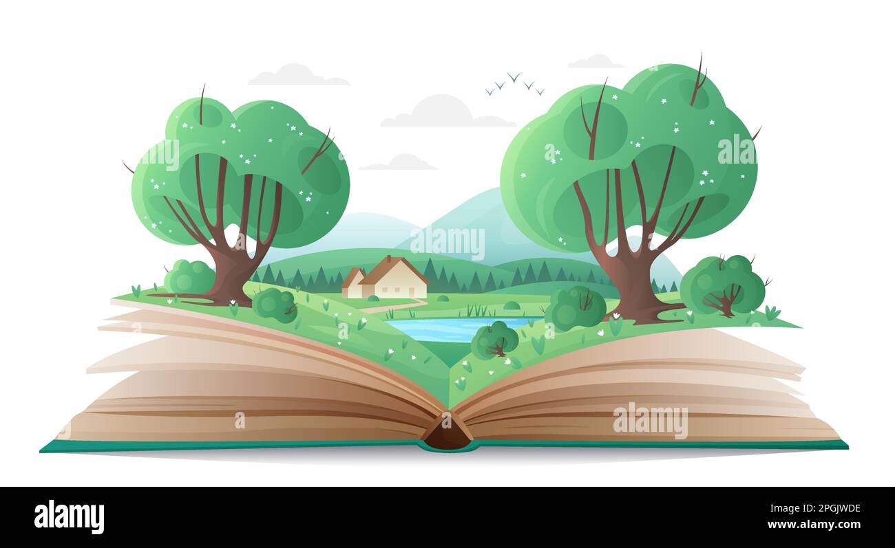 Cartoon magic summer nature with trees and mountains, water of lake and cute family house, fantasy adventure in storybook. Spring forest landscape on paper pages of open book vector illustration. Stock Vector