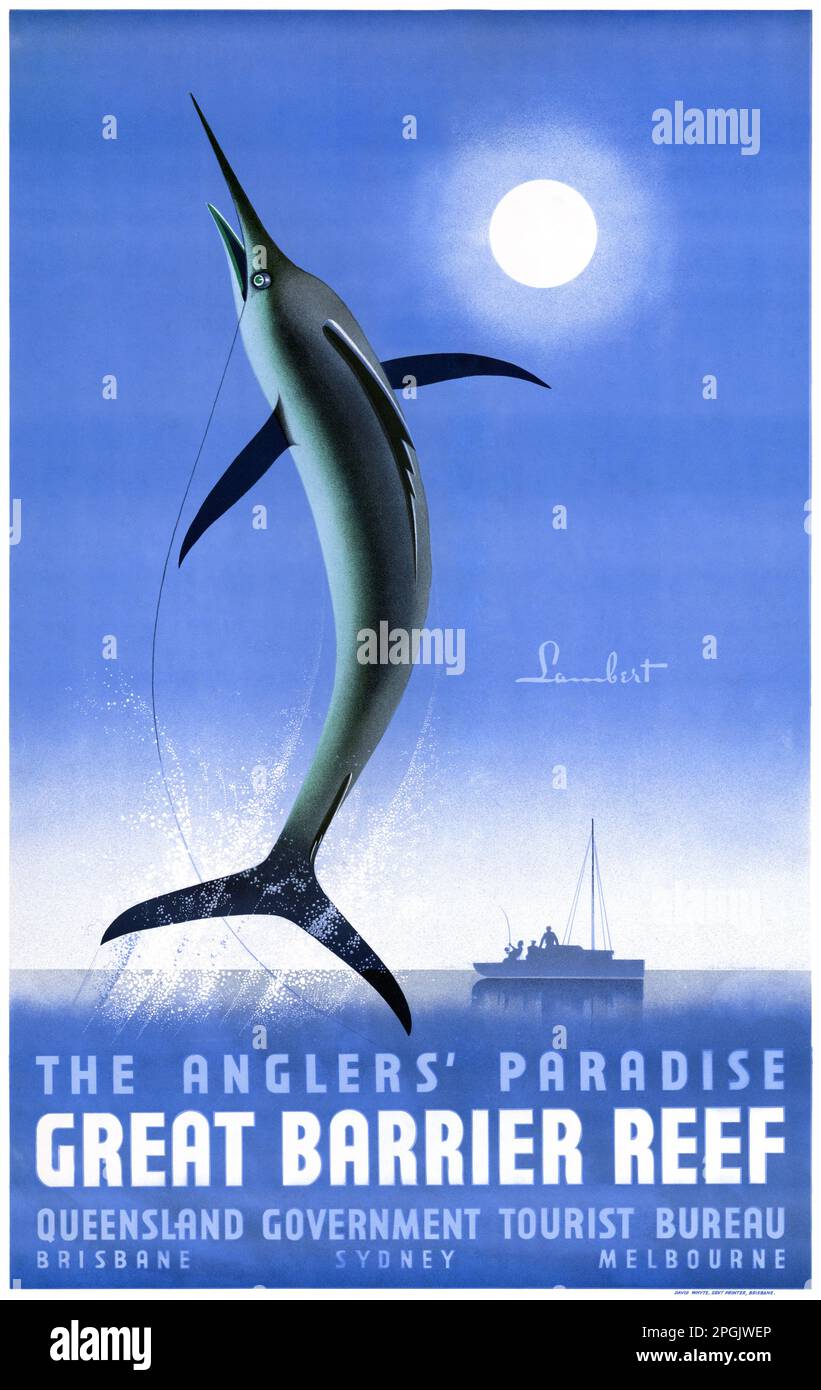 The anglers' paradise. Great Barrier Reef by Noel Pasco Lambert (1889-1974). Poster published in 1936 in Australia. Stock Photo