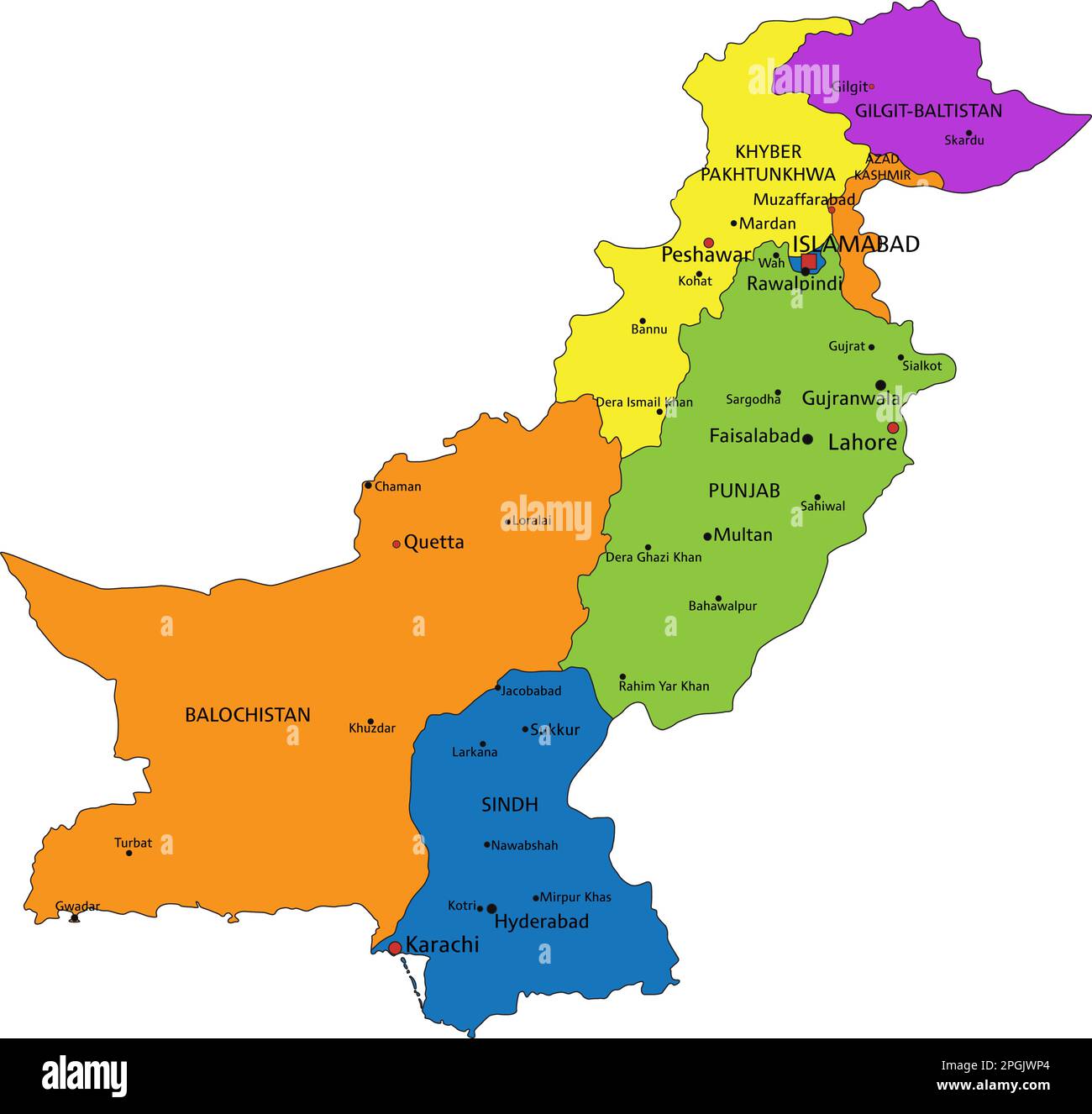 Colorful Pakistan political map with clearly labeled, separated layers. Vector illustration