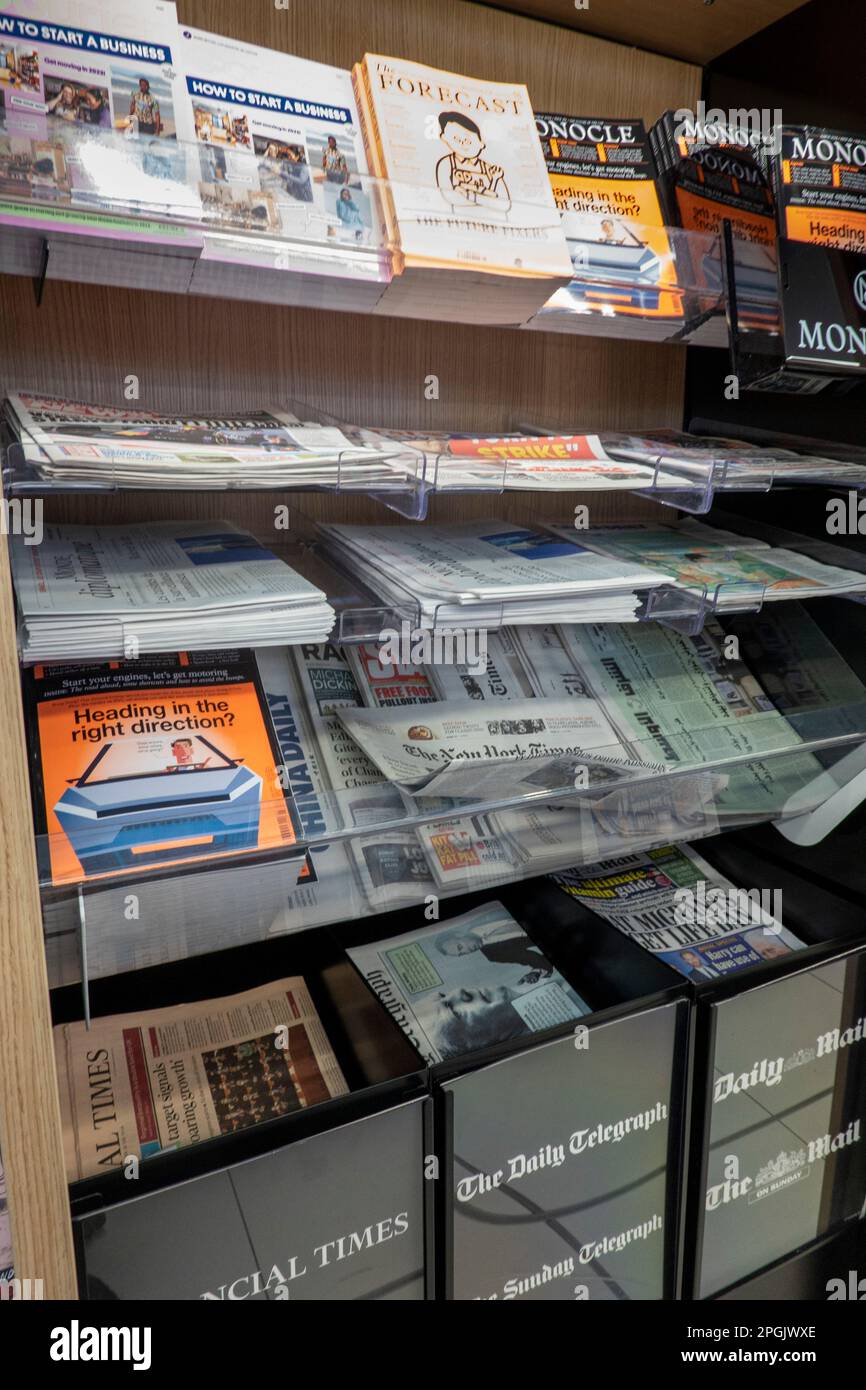 newspaper and magazine racks, WH Smith, Terminal 5, Heathrow airport, London, UK Stock Photo Alamy