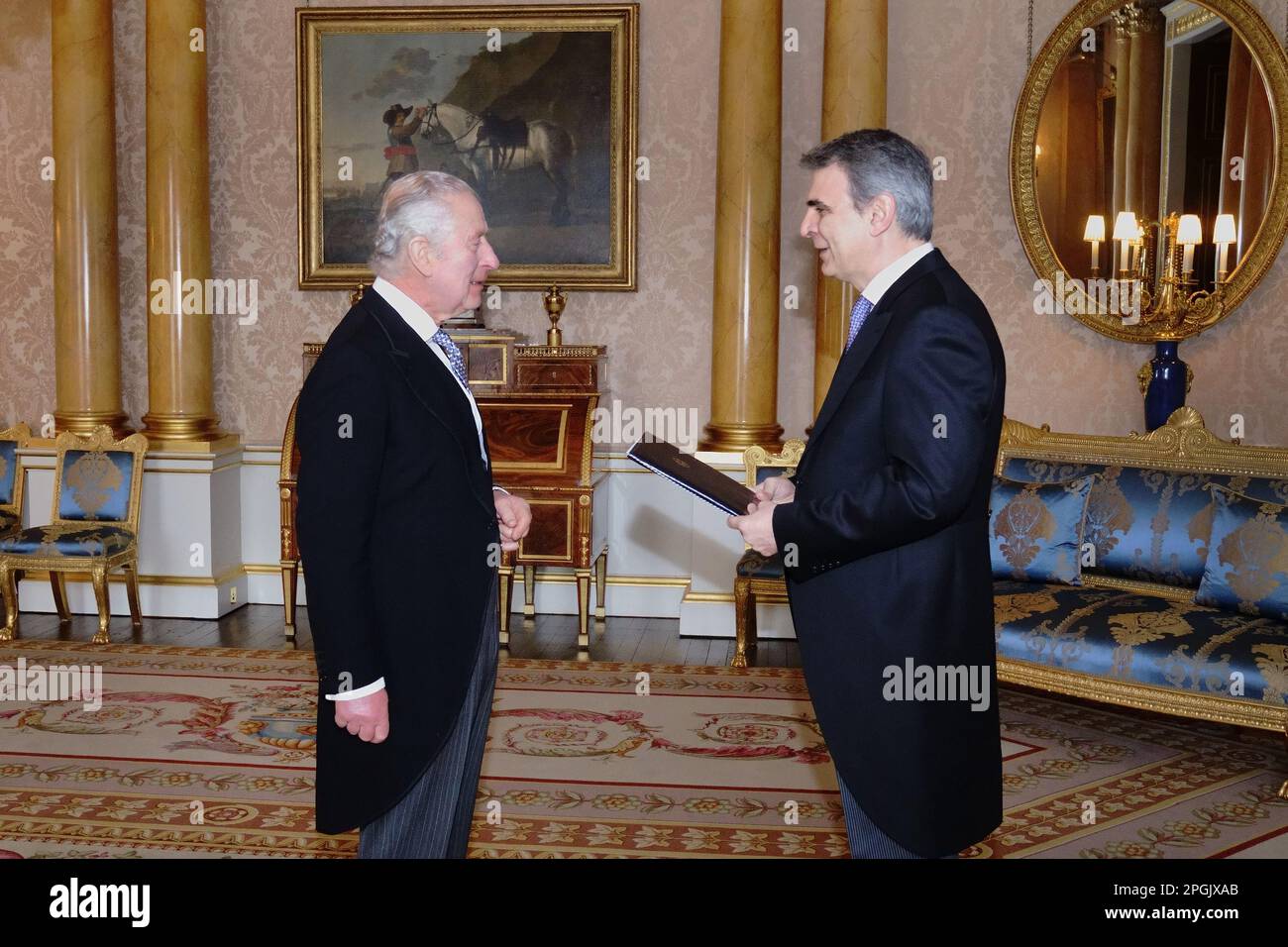 King Charles III receives the Ambassador of Greece, Ioannis Raptakis, as he presents his credentials during a private audience at Buckingham Palace, London. Picture date: Thursday March 23, 2023. Photo credit should read: Victoria Jones/PA Wire Stock Photo