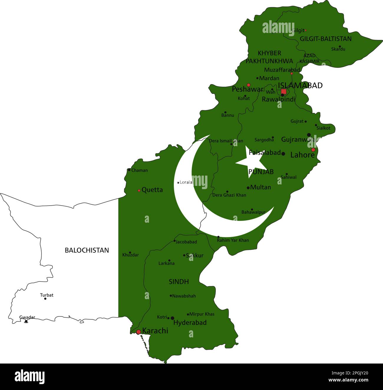 Pakistan highly detailed political map with national flag isolated on white background. Stock Vector